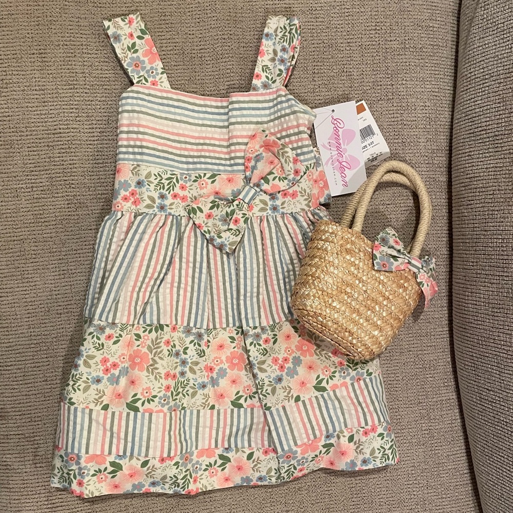 Floral and Striped Dress with Straw Bag